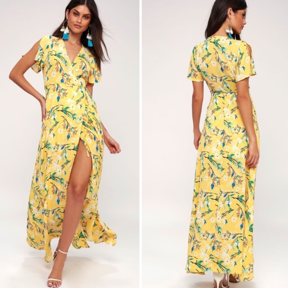 Lulus Women M Singing In The Garden Yellow Floral Print Wrap Maxi Dress